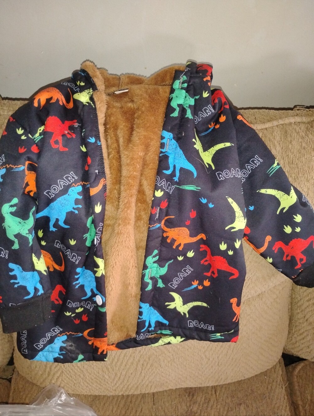 Kids' Black Dinosaur Print Hooded Coat